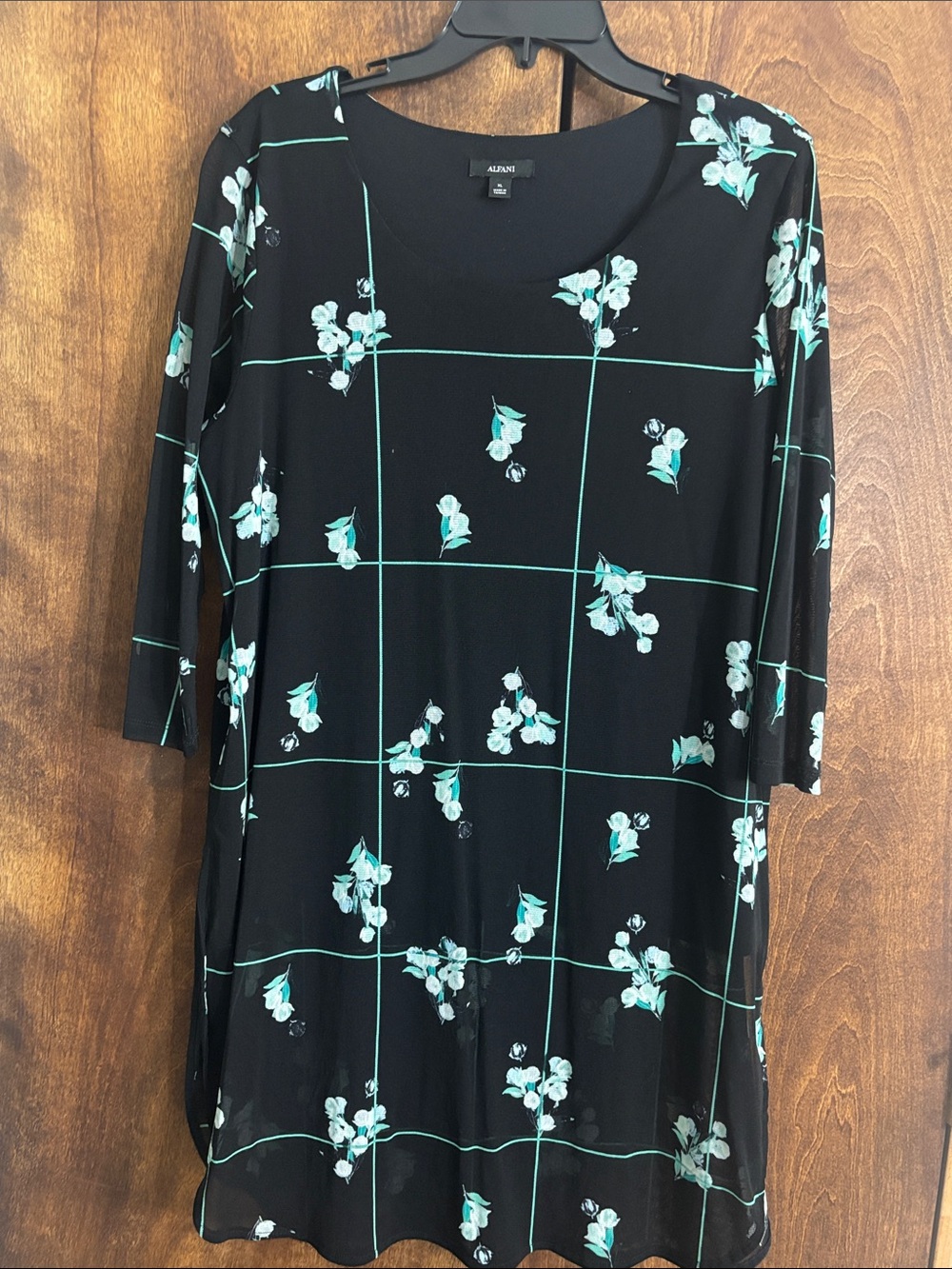 Alfani Black Top with Teal Floral Grid